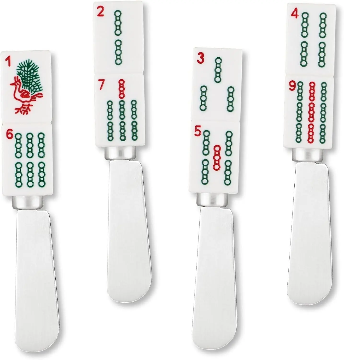 Mahjong Bamboo Tile Cheese Spreaders, Hand-Painted Resin Handles with Stainless Steel Blades for Spreading Cream Cheese, Butter, and Jam, Assorted Designs, Set of 4