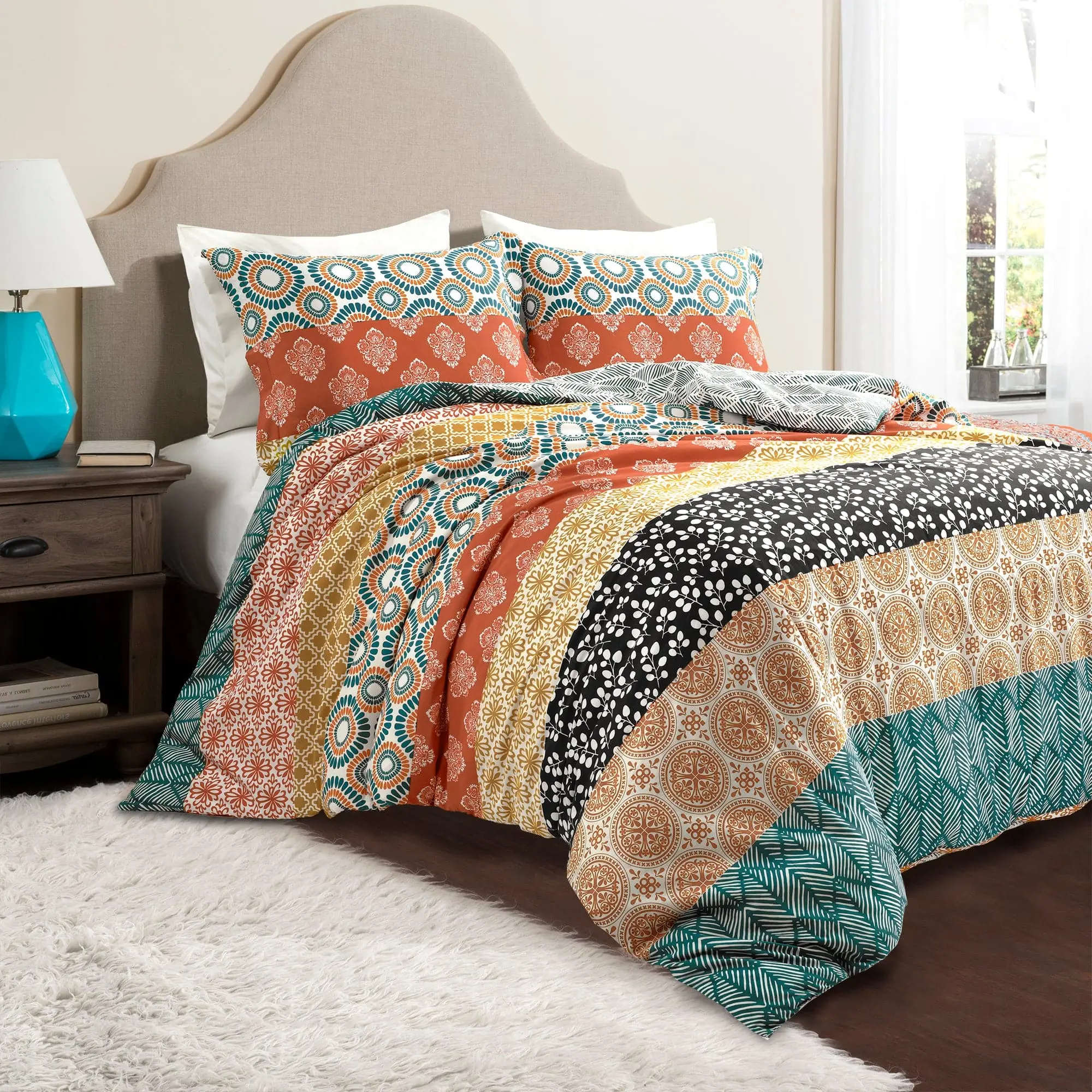 Lush Decor Multi-Size 100% Cotton Bohemian Stripes Reversible Duvet Cover Set - Vibrant Rainbow Print, OEKO-TEX Safe, Machine Washable Boho Bedding for Teen Rooms (Twin XL Option Available), 100 Percent Cotton, Full/Queen