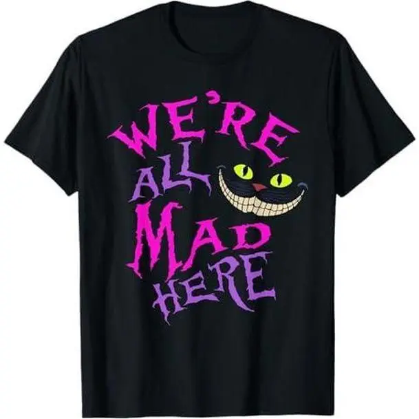 Wonderland Cat Mysterious Smile "We're All Mad Here" Light Short-Sleeve Round Neck Casual Basic Sports Top, Outdoor Activewear T-Shirt