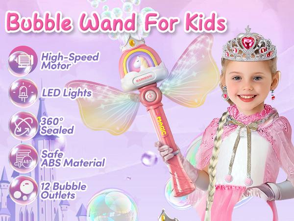 Bubble Machine Wands with Colorful Lights, Princess  Bubble Wands with 4 AA Batteries & 2 Solutions, Girl Stuff Outdoor Party Toys for Toddlers, Birthday Gift for 3 4 5 6 7 8 Year Old Girls