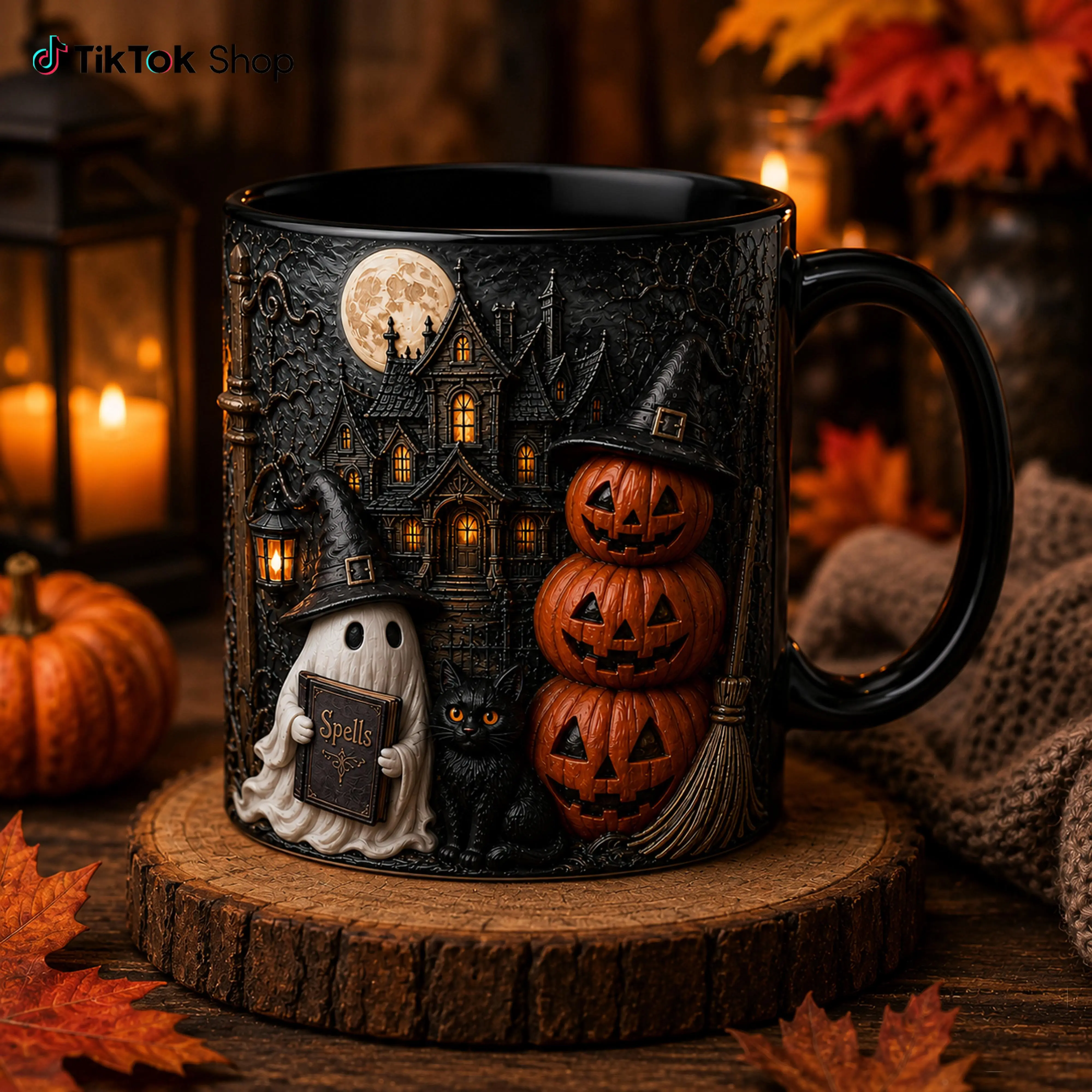 Halloween Haunted House Mug, Spooky Ghost Pumpkin Coffee Cup, Black Cat Witchy Mug, Fall Halloween Gift, 11oz 15oz Ceramic Mug