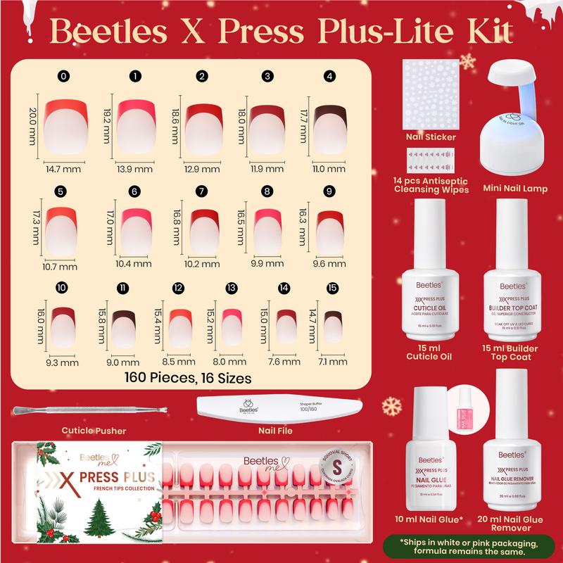 Beetles Chrismas Limited X Press Plus Press On Nails Tips Set, French Tip Pink Brown Short Square Almond Shape Natural Acrylic Nail Tips for Effortless Beauty & DIY Manicures Fall Nail Halloween Nail Black Friday Winter Nail Christmas Gift