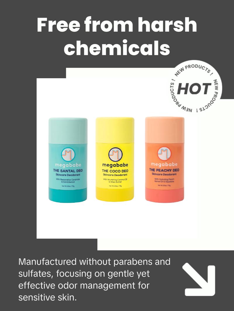 Megababe Scent-sational Deo Trio - 3 Skincare Deodorants with 72 Hour odor protections | The Santal Deo, The Coco Deo, The Peachy Deo