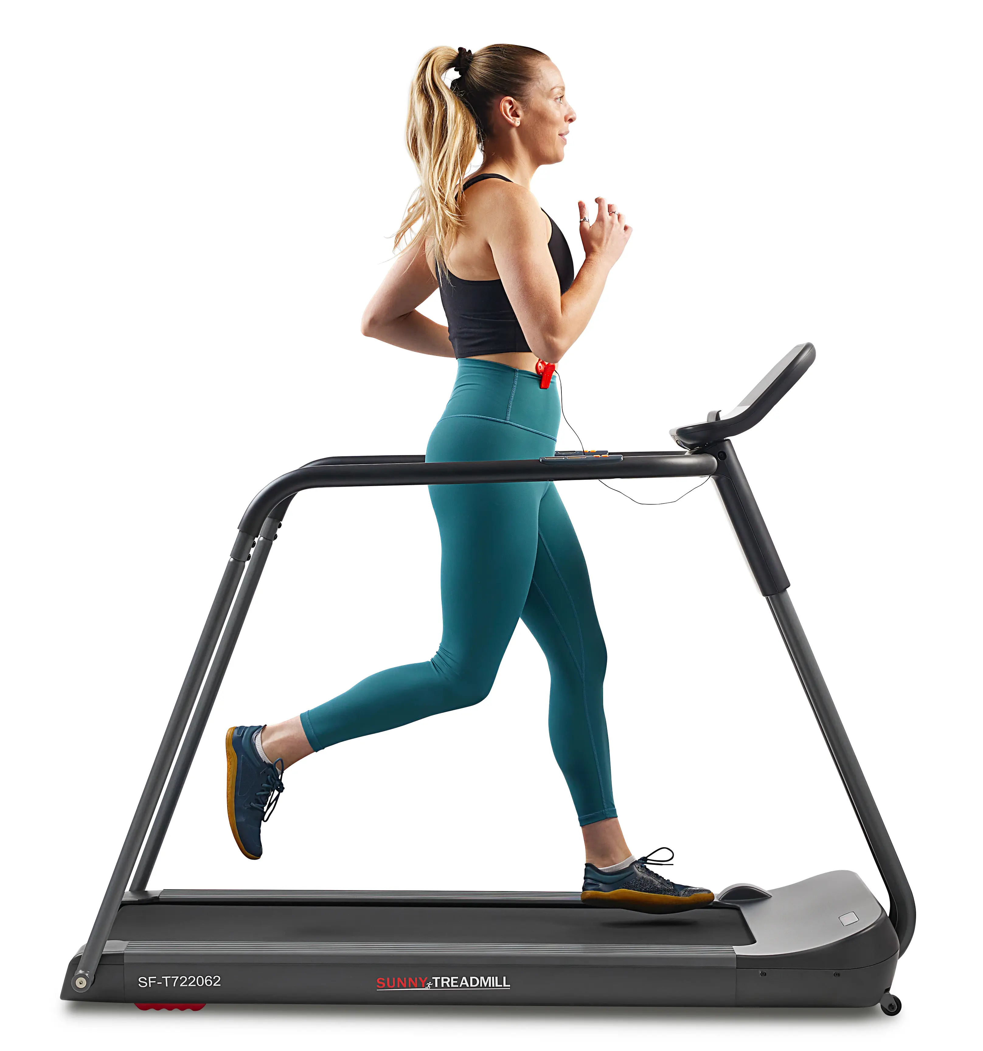 SUNNY Running Treadmill with Handrails Home Gym Fitness Workout 18.9 Inch Wide Running Deck Extended Safety Handrails Shock Absorption Digital Monitor Emergency Stop Clip Low Profile Deck Transportation Wheels Walking Jogging Running Machine