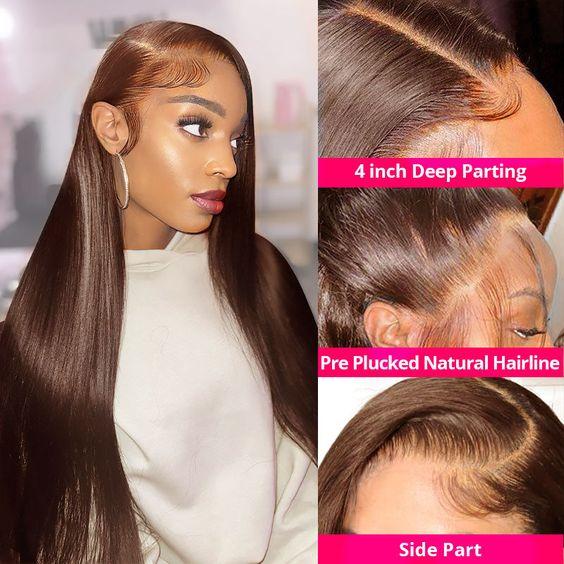 Bling Hair 12~34inch 13x4 Chocolate Brown Straight Lace Front Human Hair Wigs Brazilian Body Wave Pre-plucked 13x4 Transparent Lace Frontal Wig For Women