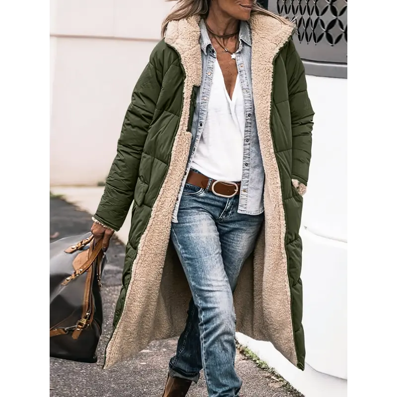 Women's 100% Poly Padded Winter Knee-Length Puffer Coat - Elegant Solid Color, Long Sleeves, Warm Fleece Lining, Zipper Closure, Woven Outerwear, Machine Washable, Sporty Chic, Chic Look for Sports & Outdoor Activities