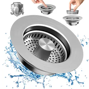 3 in 1 Kitchen Sink Drain Strainer, 304 Stainless Steel Pop Up Sink Stopper, Anti-Clogging Basket Odor Filter Sink Drain Cover Plug for US Standard Kitchen Drain