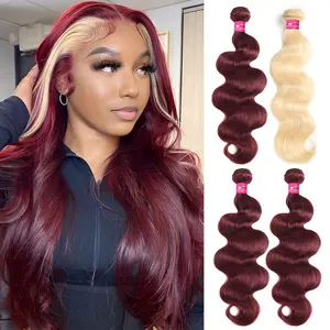 99J Burgundy with 613 Blonde Body Wave Bundles Skunk Stripe Blonde Hair Bundles Brazilian Highlight Colored Human Hair EXtensions