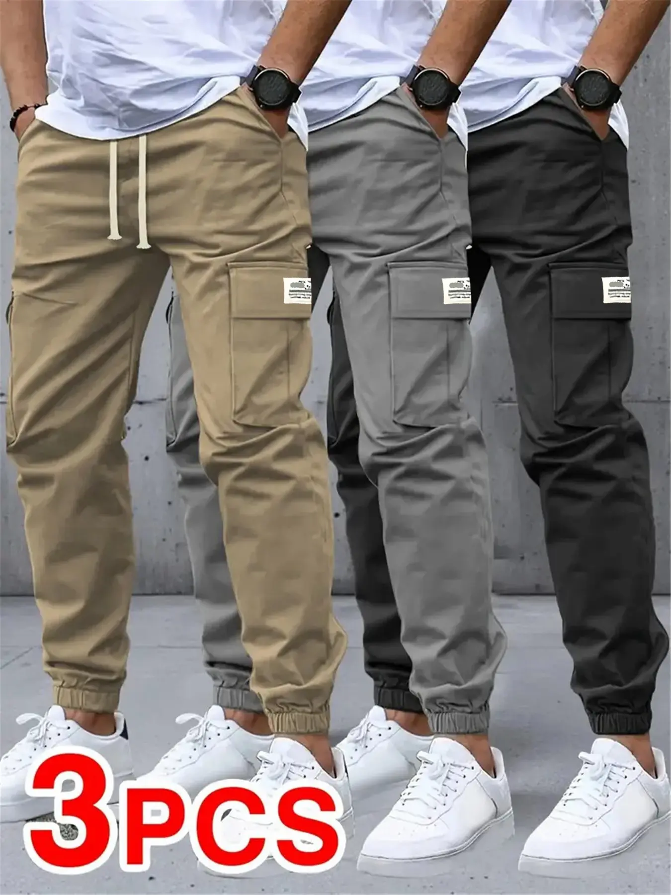 3 Pack Camouflage Casual Cargo Pants — Multiple flap pockets, drawstring waist, polyester, outdoor work pants, men’s casual solid color sports cargo pants with pockets
