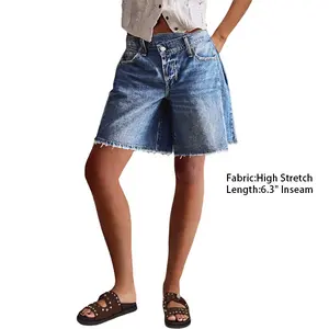 Flamingals Raw Hem Asymmetrical Mid Waist Denim Mid Thigh Shorts Womenswear