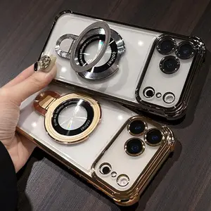 Electroplated bracket,Magnetic charging, TPU phone case Compatible With iPhone 17/17promax/air/16/16pro/16Promax/15/15pro/15Promax/14/13/12/11/Pro Max magsafe Anti-drop protect casing Military-Grade Camera Shockproof Matte Polka Dot Laser Craft Anti-Shock