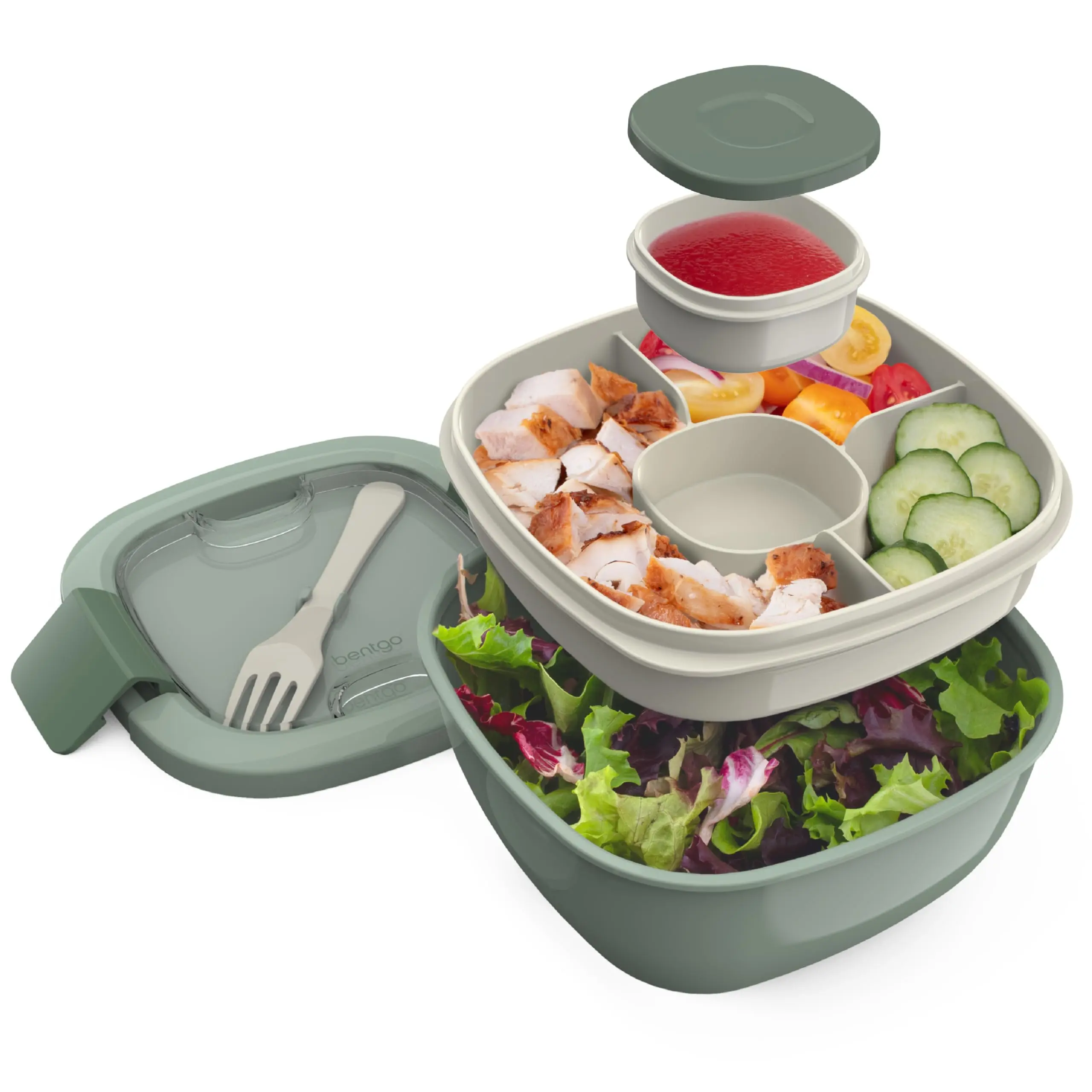 Salad Container - 54 Oz Bowl With 4-compartment Toppings Tray  Leak-proof Dressing Reusable Lunch Box For Meal Prep & Food Storage; Removable Bento (khaki Green)