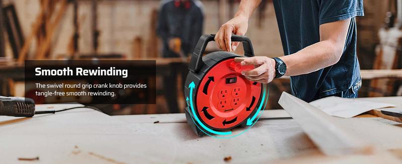 DEWENWILS 30ft Retractable Extension Cord Reel 13A/125V 16/3C SJTW Black Cable 4 Outlets with Circuit Breakers & Power Switch LED for Indoor/Outdoor Use HCRB30B