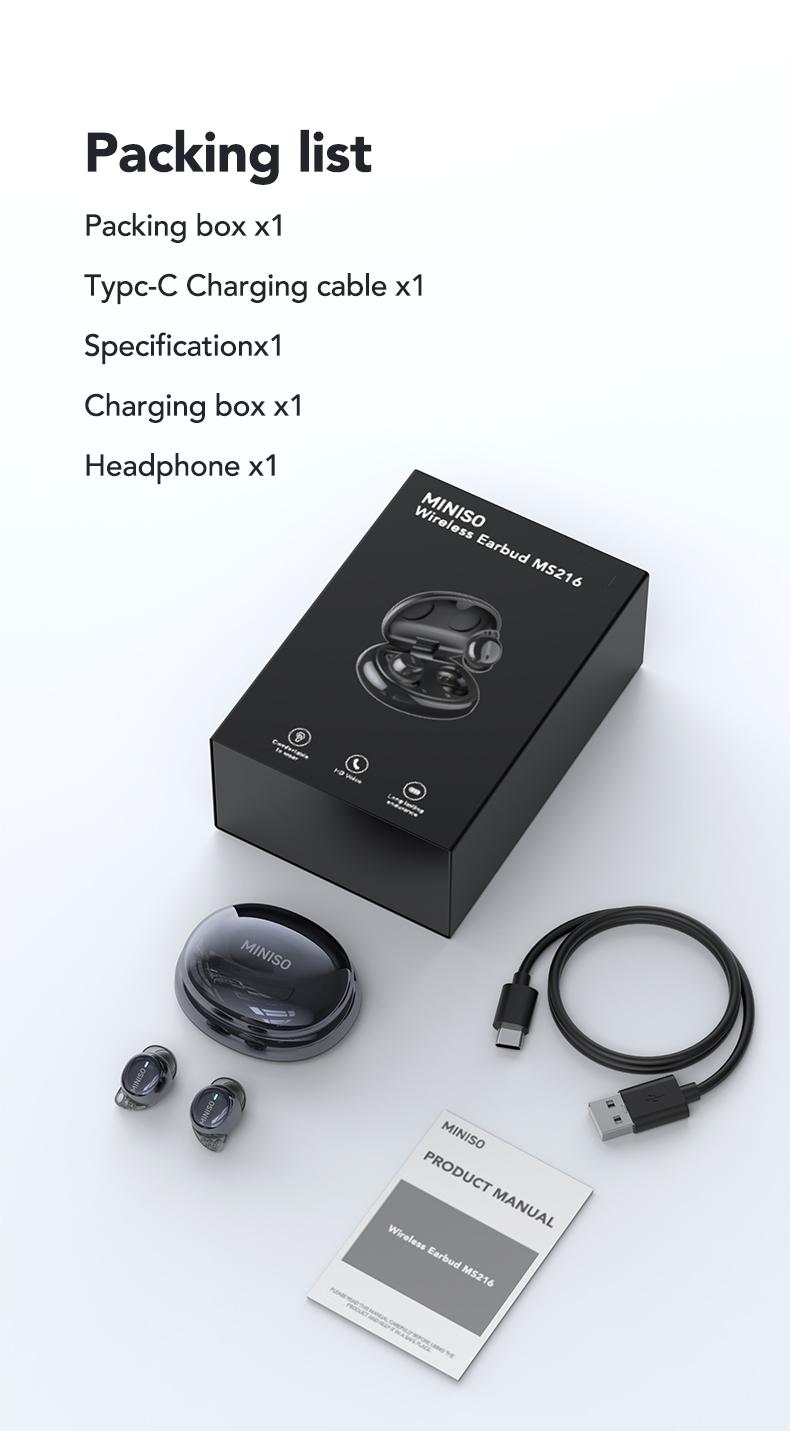 MINISO MS 216 Sleep Headphones, comes with free sleep earplugs, buy one get one free.  These mini wireless Bluetooth 6.0 earbuds feature liquid silicone material, high-definition sound quality, and a battery level display. Suitable for work and travel.
