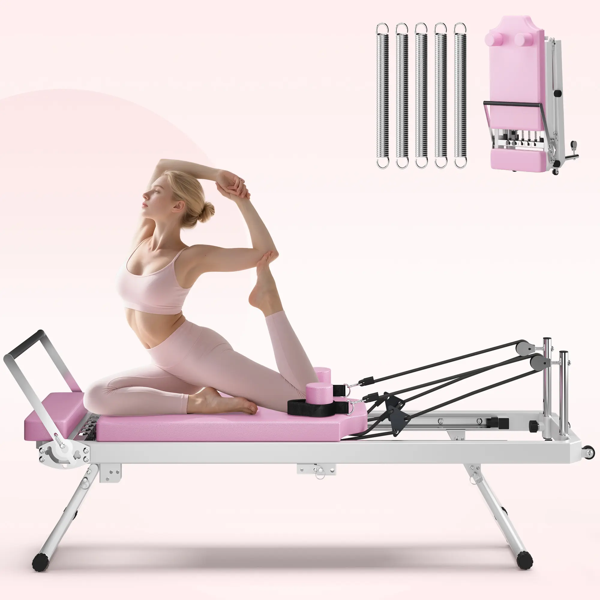 DlandHome Pink Pilates Reformer Machine for Home Gym, 11-Level Adjustable Resistance with 5 Heavy-Duty Springs, 330 LBS Capacity Foldable Pilates Bed with High-Density Cushion