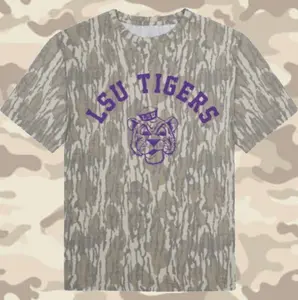 LSU Tigers Graphic Tee | Mossy Oak Original Bottomland Camo Shirt | Vintage Washed Out Short Sleeve Louisiana State University Tee