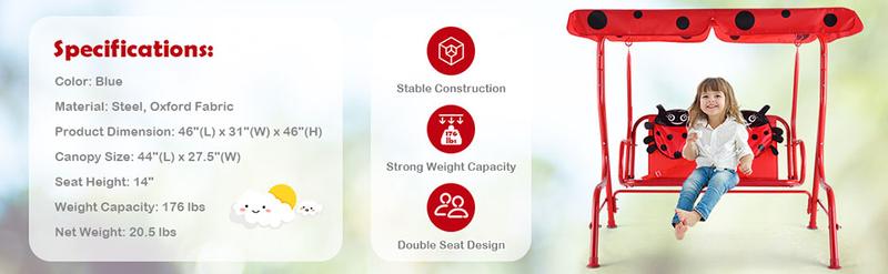 Costzon All-Weather kids Patio Swing,  2-Seater Porch Swing Lounge Chair Hammock w/Removable Canopy, Outdoor Swing Bench Christmas Festival Gift Black Friday Cyber Monday