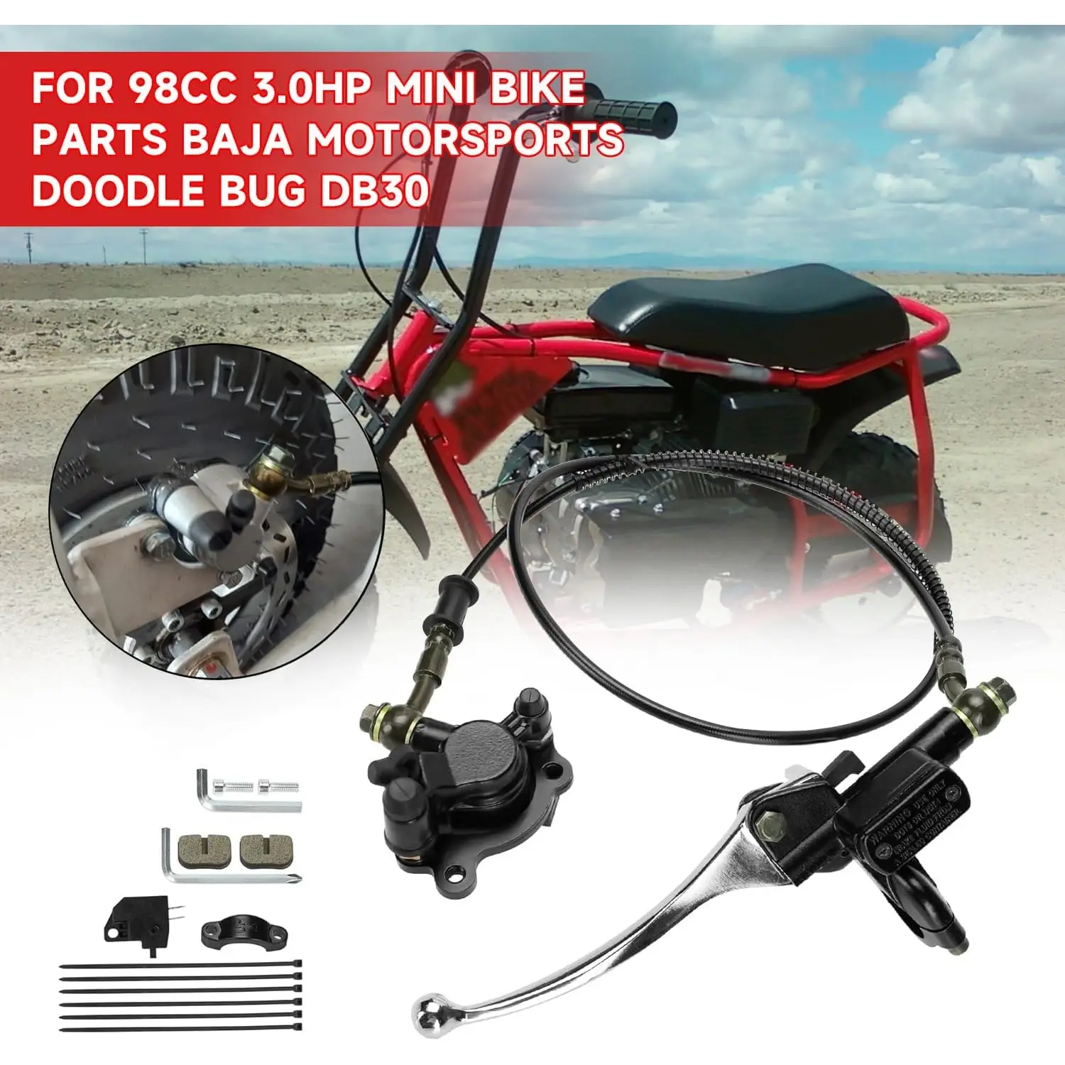 Upgraded Mini Bike Hydraulic Brake Set for Baja Doodle Bug DB30 Blitz Racer Dirt Bug Predator 79cc 97cc 2.8hp Minibike Parts with Master Cylinder Caliper Pads Assembly