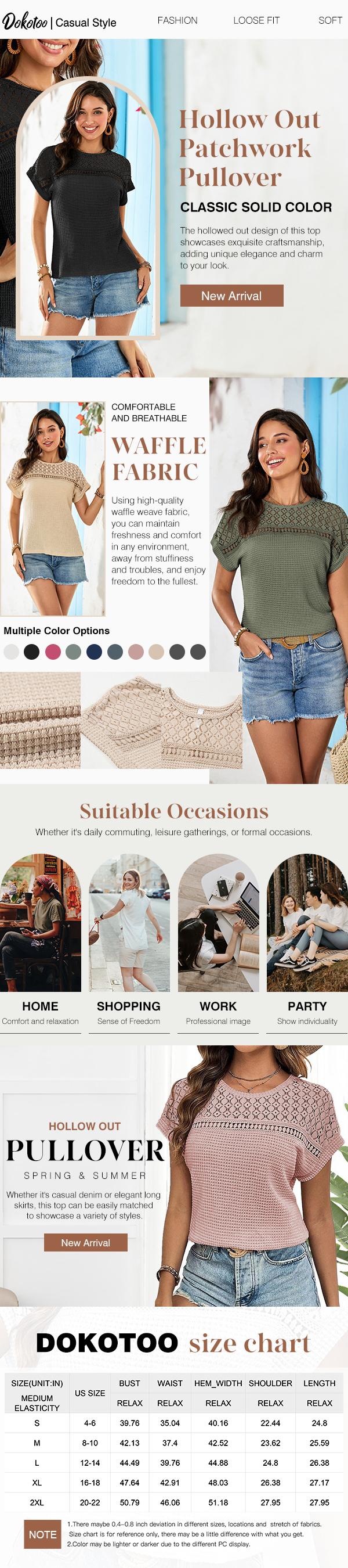 Dokotoo Women's Tops Casual Scoop Neck Short Sleeve Waffle Knit Hollow Out Shirts Loose Tunic Tops Blouses