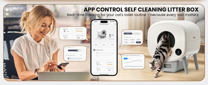 Self Cleaning Litter Box,Large Capacity Automatic Cat Litter Box Self Cleaning for Multiple Cats with App Control and Safety Protection,2 Roll Litter Bags,White