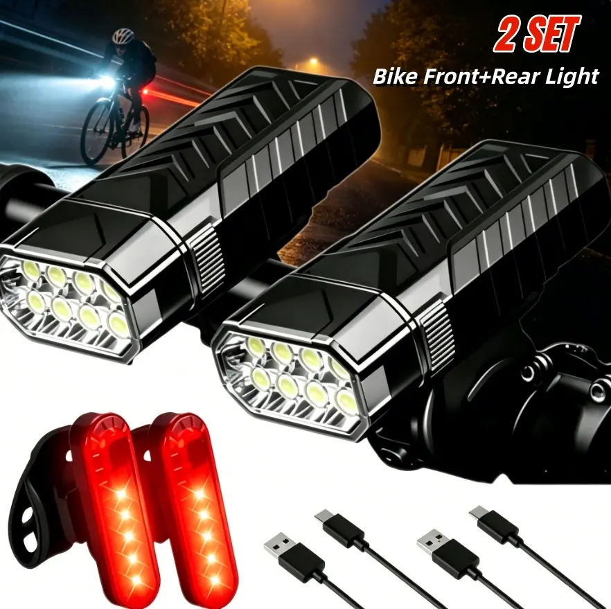 2 Sets (8 LEDs Total) Ultra Bright System - 1200mAh USB Lights with 3-Speed Front Headlight & 4-Speed Tail, USB- for Road/Mountain, Night Cycling, Compatible with