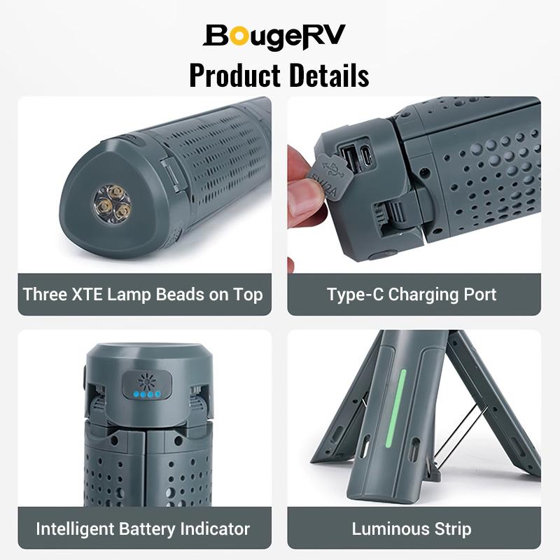 【BougeRV 8000mAh Camping Light】 Adjustable Stand 3.4 ft 1800 Lumen Cordless Work Light 3 Adjustable Heads Dimmable Emergency Flashlight Telescopic Tripod for Garage Outdoor Gift