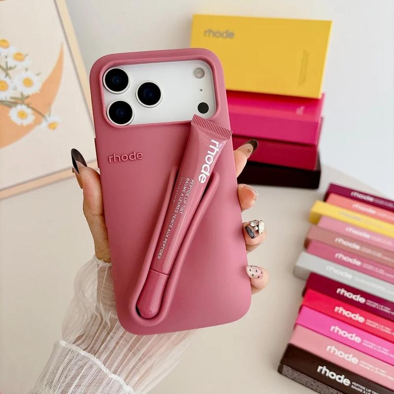 Rhode Cute Makeup Aesthetic Phone Case with Built-In Lip Balm Holder for iPhone 11 12 13 14 15 16 17, Shockproof Protective Back Cover, Stylish Beauty Phone Accessory for Women and Daily Carry