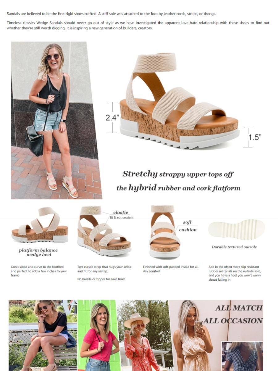 Athlefit Women's Wedge Sandals Platform Sandals Cork Elastic Strap Sandals Footwear Walking Shoes Girl Summer