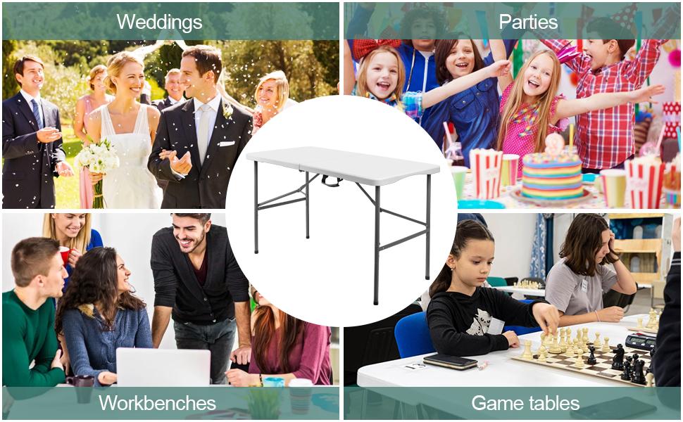 4FT FOLDING TABLE, PLASTIC FOLD IN HALF TABLE WITH LOCK AND HANDLE - WHITE