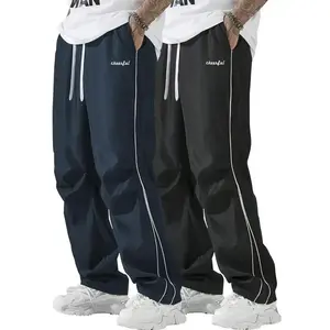Men's Letter Pattern Drawstring Waist Straight Leg Pants, Casual Comfy Side Stripe Pocket Trousers for Daily Wear, Men's Bottoms for All Seasons Menswear Activewear