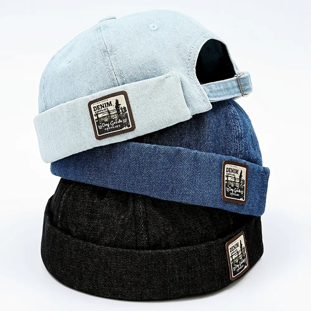 Denim Cap with Rolled Brim and Patch Detail Mens Docker Cap Brimless Hats Skullcap Worker Sailor Cap Rolled Cuff Retro Beanie Hat