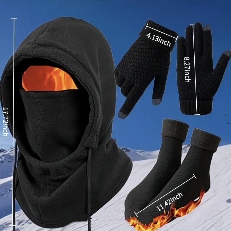 4-piece winter thermal insulation set, windproof and cold proof knitted balaclava hat+gloves+socks set, winter cycling set, thick fleece-lined polar fleece  windproof face mask，Windproof and thermal mask