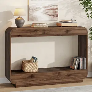 Aowos Console Table, 43" Curved Entryway Table, Wood Sofa Tables Behind Couch with Open Shelf, Entry Table for Entrance, Hallway, Living Room, Walnut, Black
