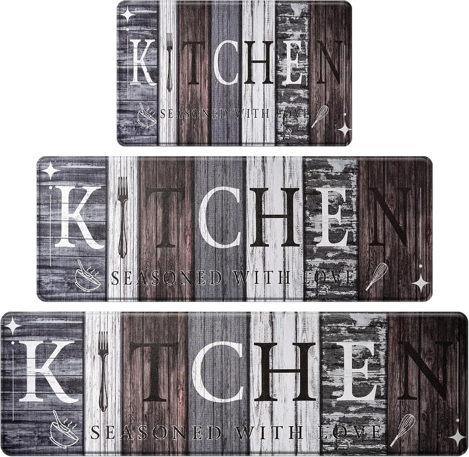 Farmhouse Kitchen Rugs Sets of 3, Wooden Board Theme Kitchen Mats for Floor |  Non-Slip Anti-Fatigue Waterproof Decor Runner Rug, Thick Soft Comfort Standing Mat for Sink Laundry Bedroom Bathroom
