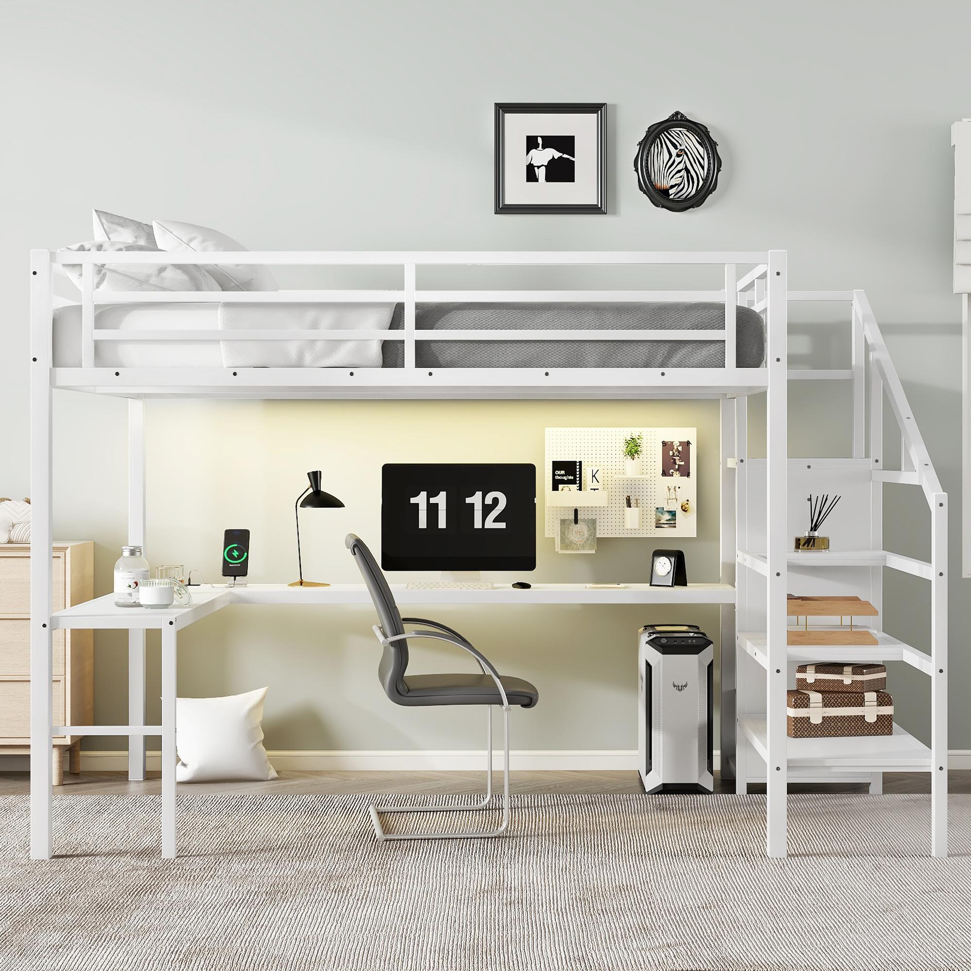 Attic bed with L-shaped desk and USB interface, metal loft bed with wardrobe and adjustable shelf, high loft bed with LED lights for adults