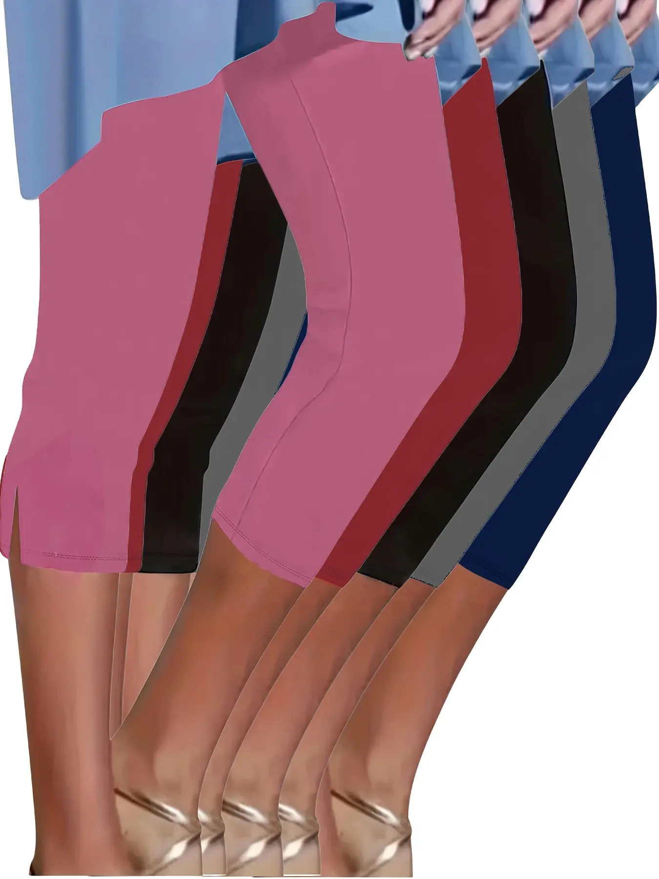 Women's 5-Pack Sporty Capri Leggings - Summer Comfortable Lightweight Breathable Female Casual Sports Workout Bottoms with Elastic Waistband, Side Slits, Tapered Legs, Solid Color, Versatile Base Layer