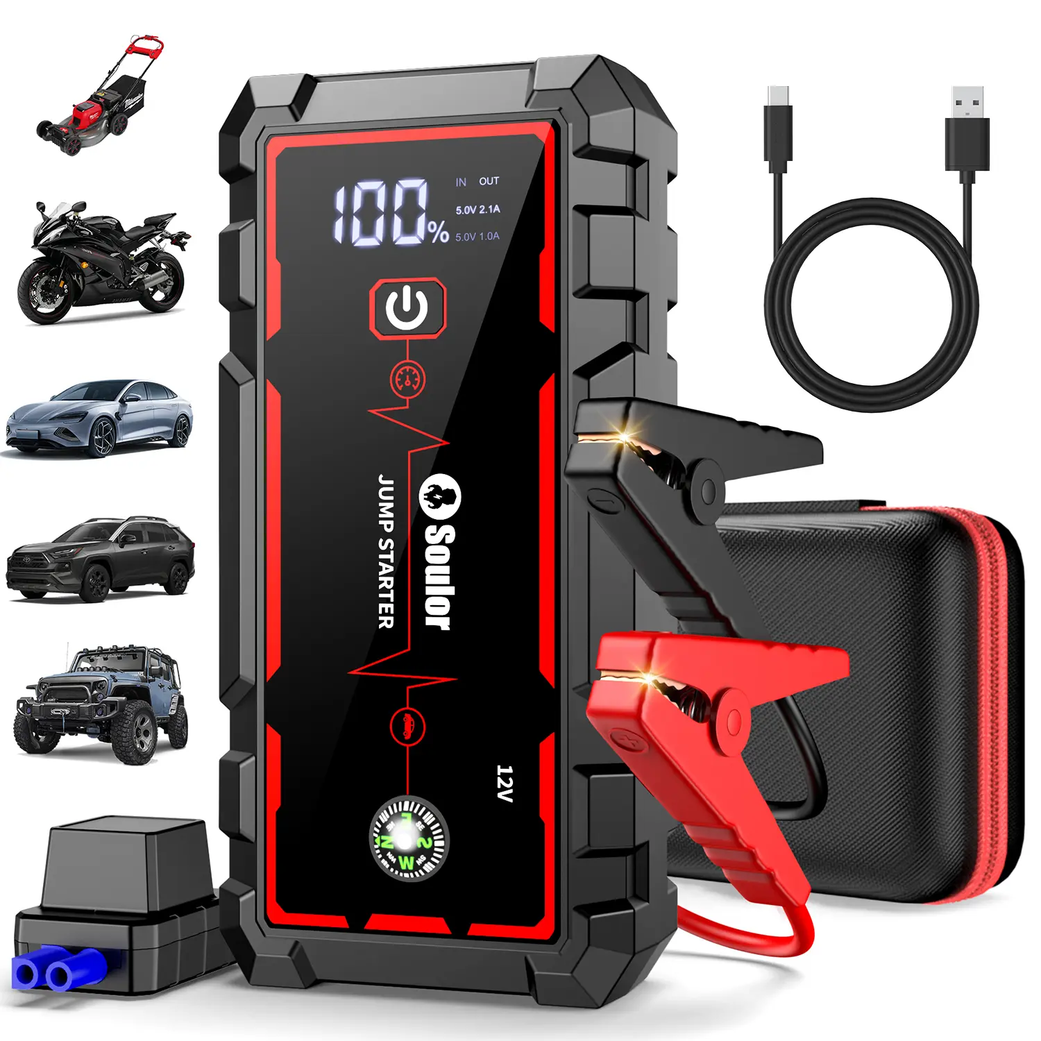 Soulor 8000mAh 12V Portable Car Jump Starter - Battery Booster Power Bank with LED Emergency Light, LCD Display, Smart Jumper Cables for Cars, SUVs, Trucks