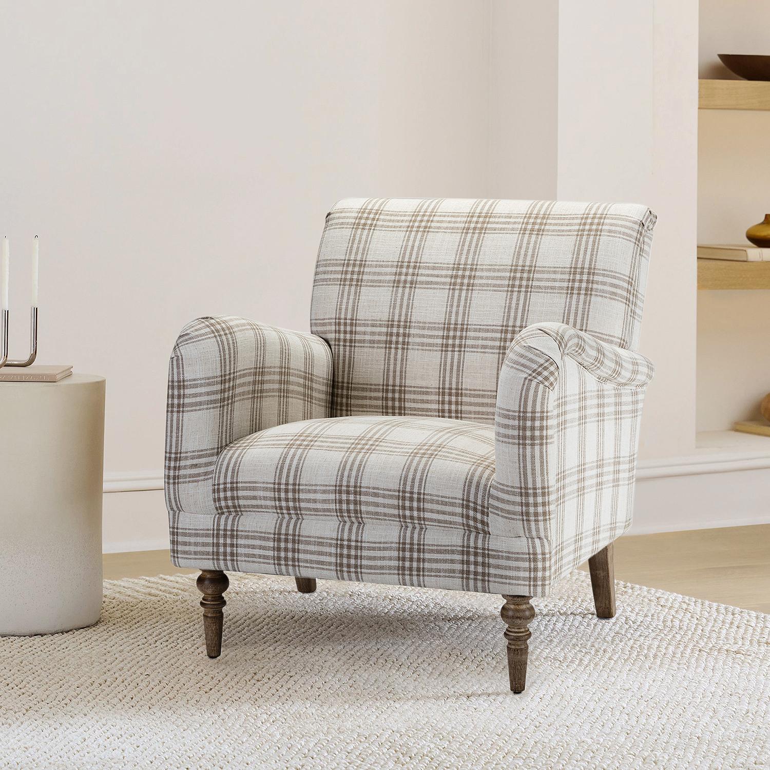 HULALA HOME Sadie Plaid Armchair Modern Accent Upholstered Chair with Solid Wood Legs for Living Room Bedroom Studio Comfy Armchair with High-Density Foam Filling and Tartan Pattern - Lounge