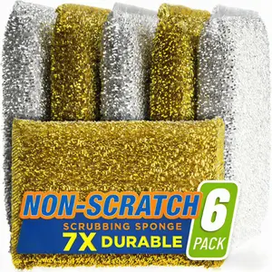 6pcs  Cleaning Sponge Scrubber - Heavy Duty Non Scratch Scrubbing Cleaner Sponges -   Heavy Duty Metallic Sink, Pot, SRange hood Washing Scrubber Non-Scratch, for Fast Cleaning (Gold & Silver )
