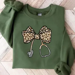 Cute Nurse Leopard Bow Stethoscope Graphic Sweatshirt & T-shirt, Medical Worker Gift Pullover, Unisex Apparel Made In The USA		