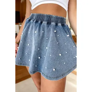 Ashleigh Blue Denim Pearl Embellished Elastic Waist Mini Skort