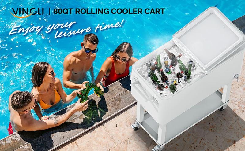 VINGLI 80 Quart Rolling Ice Chest on Wheels, Portable Patio Party Bar Drink Cooler Cart, with Shelf, Beverage Pool with Bottle Opener,Water Pipe