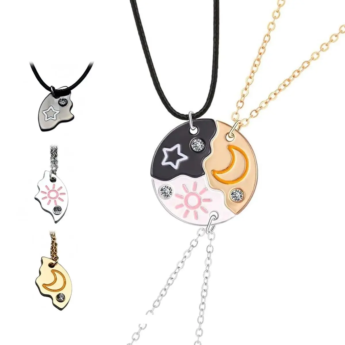 3Pcs Magnetic Friendship Necklace for 3 Sun Moon Star Puzzle BFF Necklace Round Matching Necklaces Pendant For Women Best Friends Sisters Forever Gifts Anniversary Birthday Jewelry Gifts