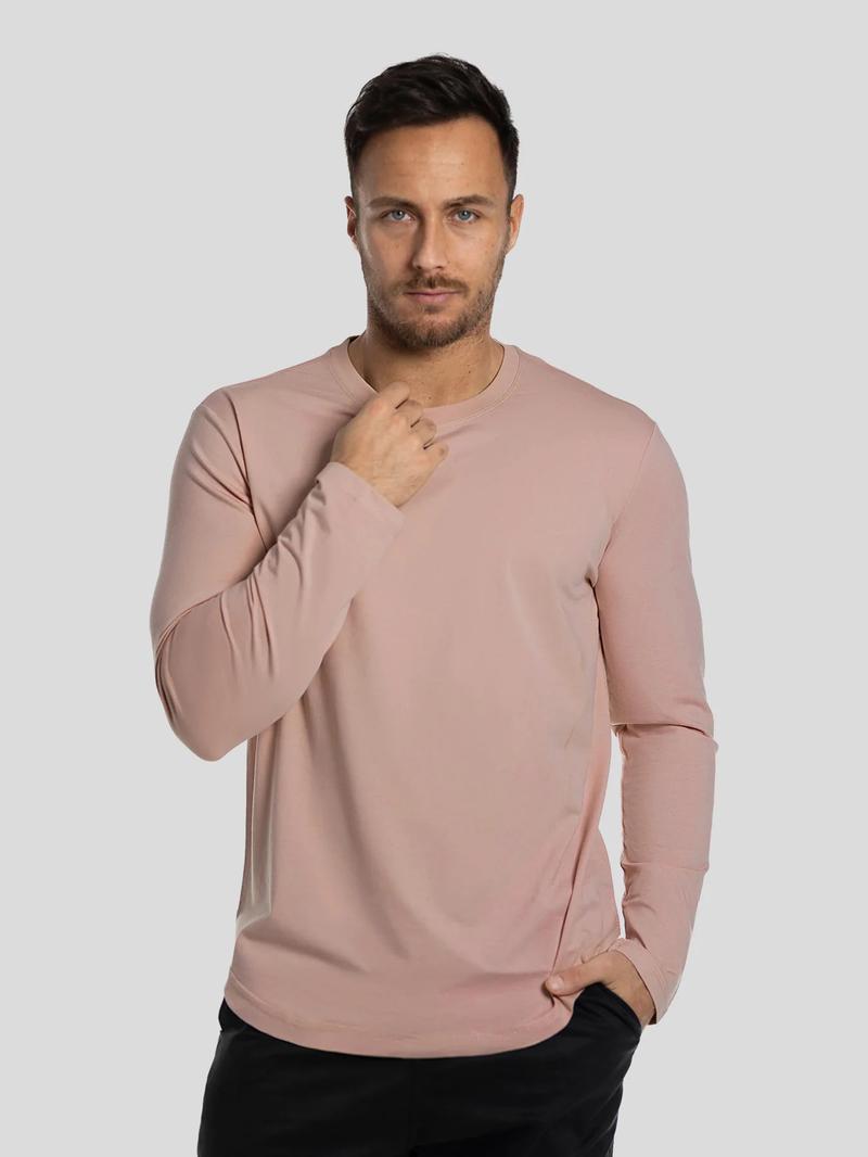 Fioboc Men's StaySmooth Long Sleeve Curve Hem Tee - Classic Fit Streetwear Casual Crewneck Basic Top