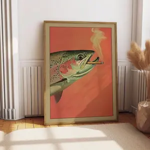 Vintage Trout Smoking a Cigarette Poster, Funny Retro Whimsical Print, Fisherman Wall Art, Cabin Decor, Gift for Dad