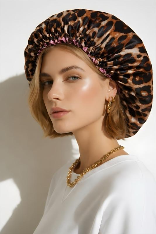 Reversible Leopard and Pink Pure Mulberry Silk Bonnet for Women's Stylish Headwear