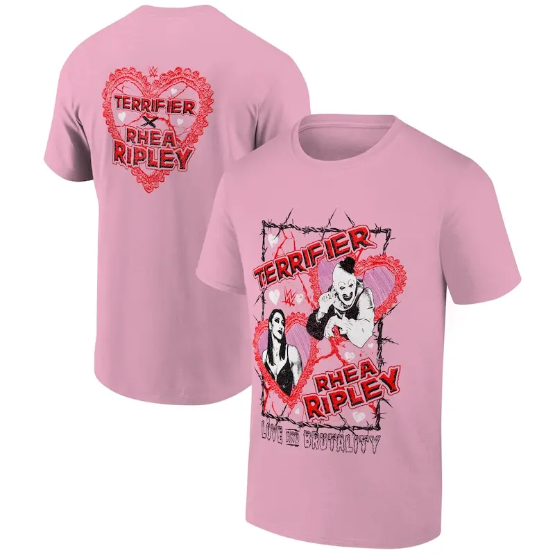 Ripple Junction Pink Rhea Ripley x Terrifier Love and Brutality T-Shirt, WWE Favorite Wrestler Graphic Tee, Wrestling Fan Apparel for Men, Sport Top, Unisex Shirt