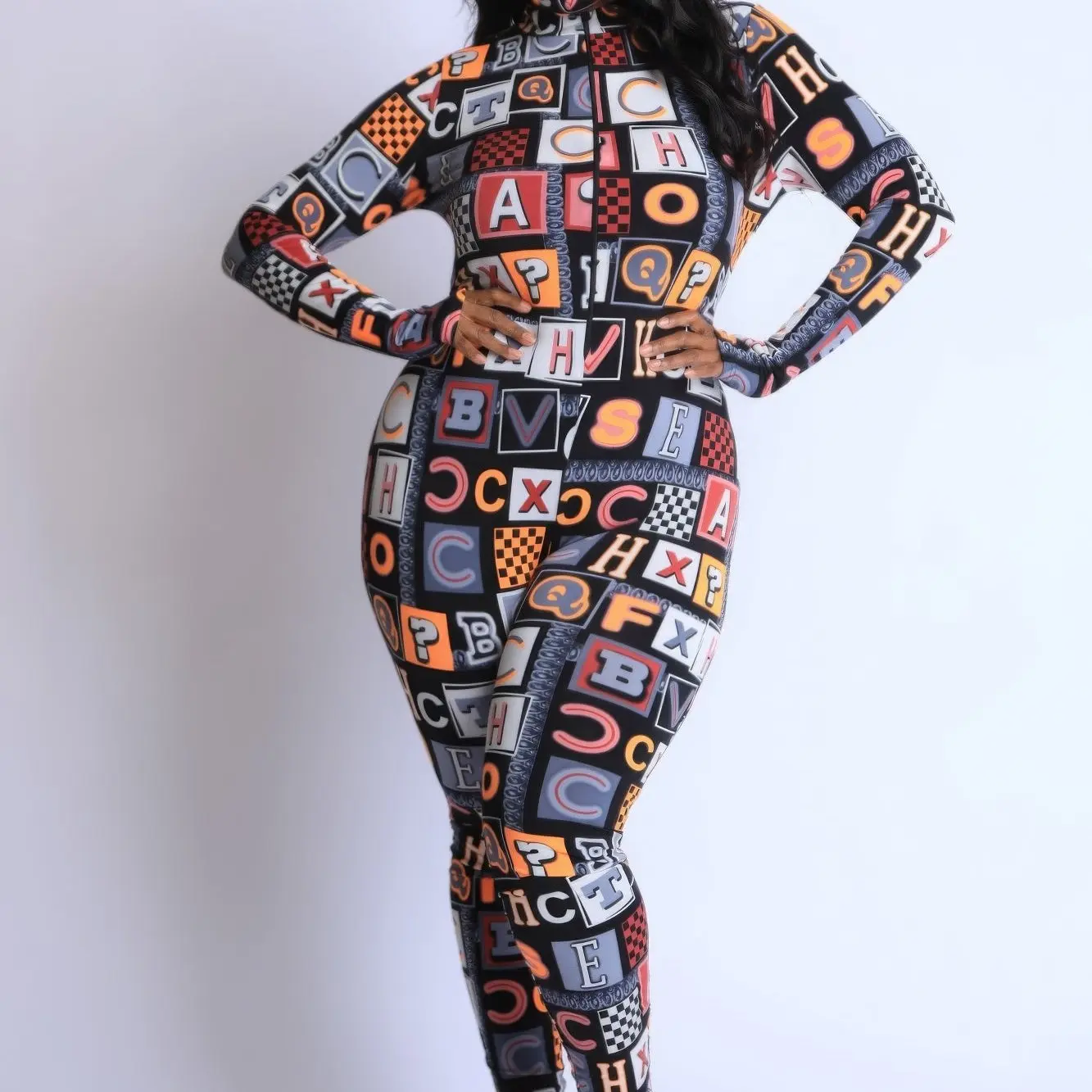 Women's Plus Size Neon Alphabet Graphic Overalls - Stretchy Knit Jersey Fabric, Loose-Fitting Casual Jumpsuit, Bold Look, Polyester-Spandex, Machine Washable, 1XL-3XL, Party-Ready Trendy Piece