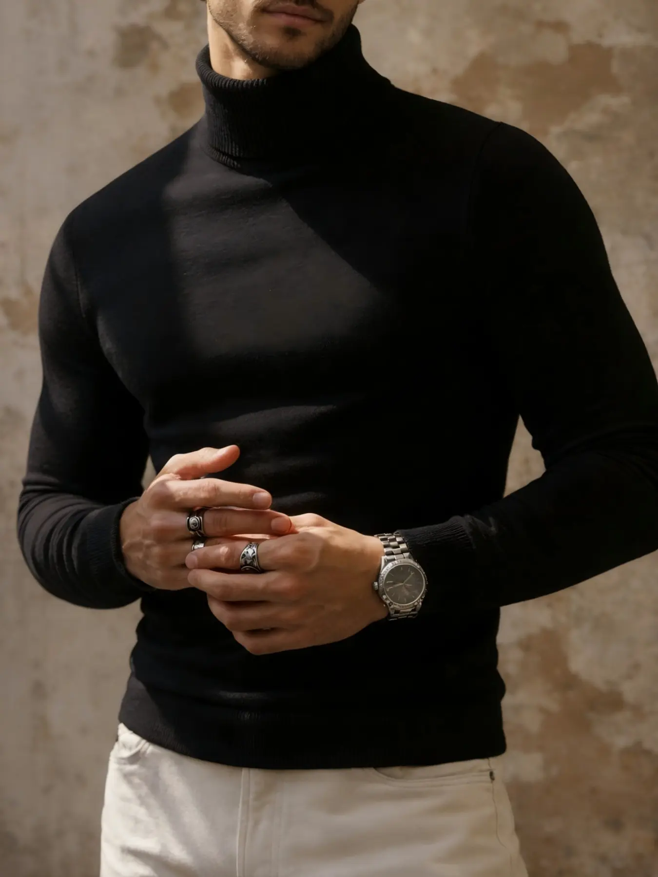 Men's Luxury High Neck Knit Sweater, Fall Winter Slim Fit Warm Plain Top, Italian Minimalist Style, Comfortable and Stylish Innerwear, Long Sleeve, Knitwear, Pullover Tops, Fashion Knit Clothing