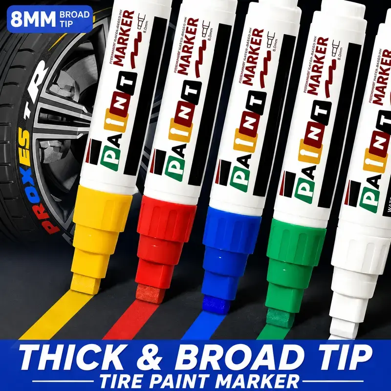 8MM Broad Tip Tire Paint Marker Set with Waterproof Permanent Ink, Thick Tip Lettering Pen for Car, Truck, Motorcycle and Bike Tires, Durable Auto Wheel Decoration Marker for DIY Tire Letter Coloring and Custom White Letter Designs